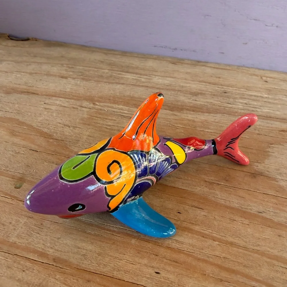 Colorful Talavera Shark Figurine - Purple, Orange, Blue